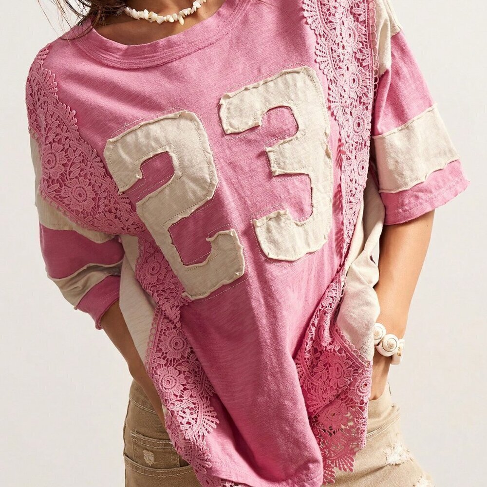 Pink Casual Women's Boho Lace Patchwork Round Neck Loose Washed tee shirt